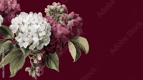 Vintage Hydrangea Illustration on Burgundy Background, Detailed botanical illustration of white and pink hydrangea flowers with green leaves on a rich burgundy background, perfect for elegant designs
