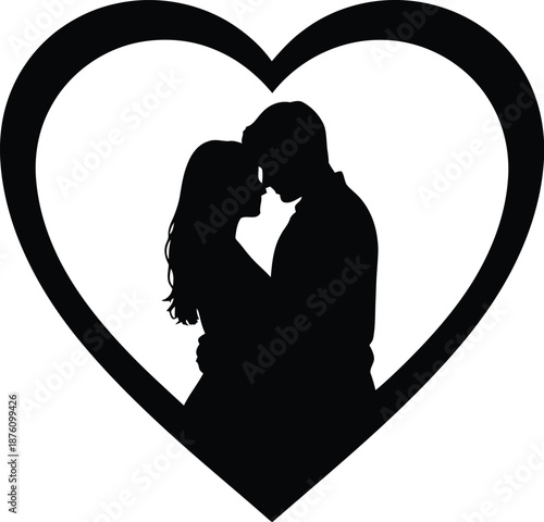 A black silhouette of a couple kissing inside a heart shape on a white background