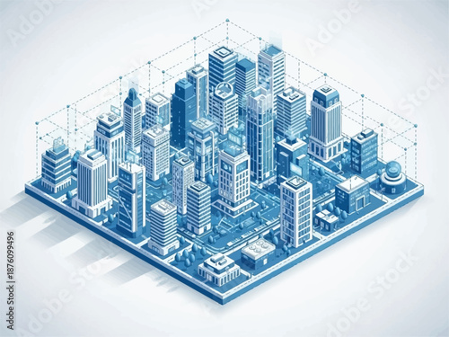 Isometric Digital Cityscape with Futuristic Architecture and Network Connections.