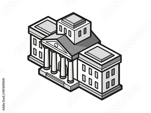 Isometric Illustration of a Classic Bank Building Facade.