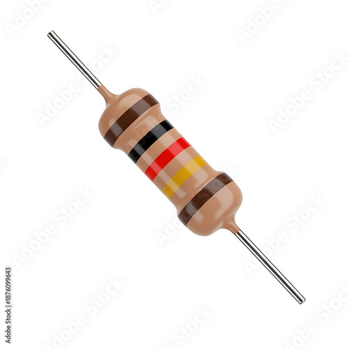 Axial lead through-hole resistor with color code bands isolated on a white background.