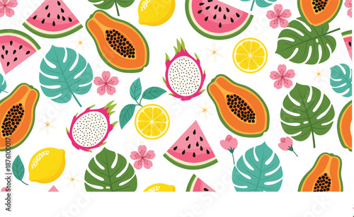 Seamless Tropical Fruit Pattern with Watermelon, Papaya, Dragon Fruit, Lemon, Monstera Leaves, and Floral Elements