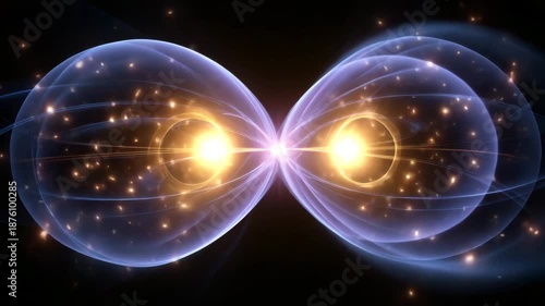 Golden twin lights inside translucent sphere glowing light twin light translucent sphere particle halo cosmic symmetry glowing core energy field luminous orb abstract space nebula effect glowing orb