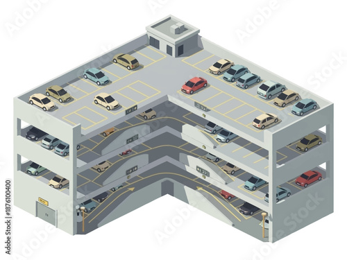 Isometric View of a Multi-Level Parking Garage with Cars.