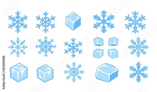 Cute snowflakes and ice pieces flat cartoon vector icon set isolated on transparent background
