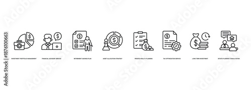 Wealth Management Services Banner Illustration Featuring Investment Portfolio Management, Financial Advisory Service, Retirement Savings Plan, Asset Allocation Strategy, Private Wealth Planning, Tax O