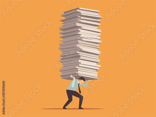 Man carrying a huge stack of papers on his shoulders.