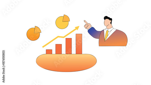 Businessman presenting rising graph with pie charts