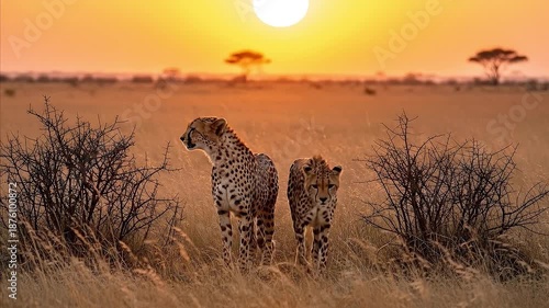 Pair of Cheetahs Standing in the African Savanna at a Vibrant Golden Sunset