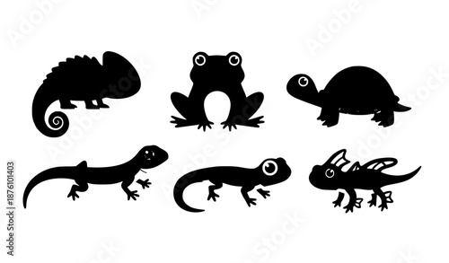 Cute reptile and amphibian cartoon vector set with chameleon frog turtle lizard gecko and triton on white background