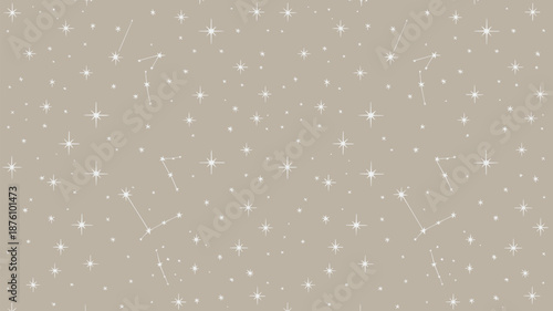 Seamless starry sky pattern with constellations, minimalist celestial background, beige night sky design, modern astrology vector illustration
