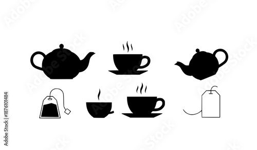 Minimal flat tea brewing vector icon set with teapot and cup for beverage design
