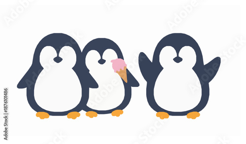 Cute penguin cartoon vector set sleeping eating ice cream and waving wing on white background