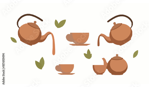 Flat vector tea brewing illustration set with teapot and cup for lifestyle and wellness concept