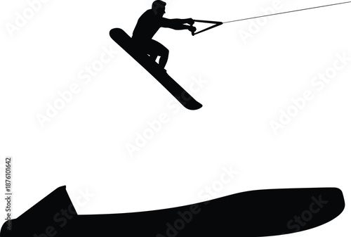 Water skiing silhouette action icon, extreme water sport athlete jumping wave, summer recreation activity, black solid vector illustration