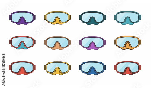 Minimal flat scuba diving mask vector icon set in multiple colors on white background