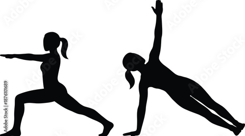 Woman yoga silhouette poses set, warrior and side plank exercises, female fitness stretching illustration, black figures isolated on white background