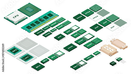 Isometric Semiconductor System Overview Illustrating CPU GPU Memory Logic IC Power Devices and Chip Layout Architecture for Industry Education