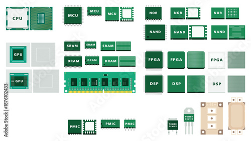 Semiconductor System Overview Diagram Showing CPU GPU Memory Logic IC Power Devices and Chip Architecture for Industry and Technology Education