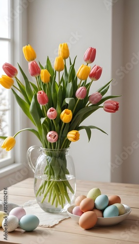 Minimalistische Osterdekoration mit pastellfarbenen Eiern und Tulpen bei natürlichem Frühlingslicht, vertikales Social Media Format