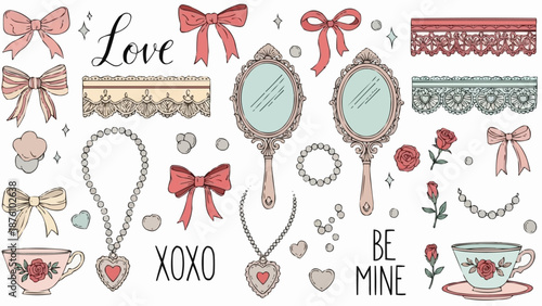 Romantic Vintage Elements Collection with Bows and Jewelry.