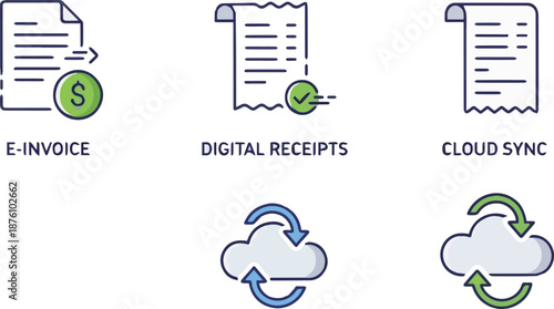 Essential vector icons for digital financial management, showcasing e-invoicing, digital receipts, and secure cloud data synchronization for streamlined business operations