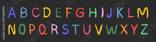 English alphabet crayon. Colorful typescript font with hand drawn pencil texture. Grunge style. Vector illustration.