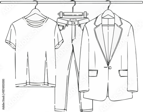 Line illustration of essential wardrobe pieces a t-shirt, jeans, and a blazer. Clothing hangs on hangers, depicting fashion, personal style, and everyday apparel