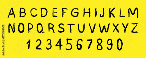 English alphabet. Childlike handwriting with crayon and chalk texture for playful font or for school study and kindergarten learning with fun letters. Vector illustration.