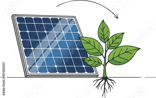 Solar energy powering a sustainable future with plant growth and environmental renewal