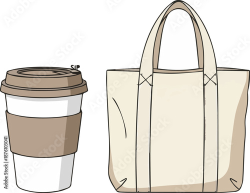 Hand-drawn illustration of daily convenience items, including a portable beverage cup with sleeve and a versatile reusable fabric tote bag for everyday essentials