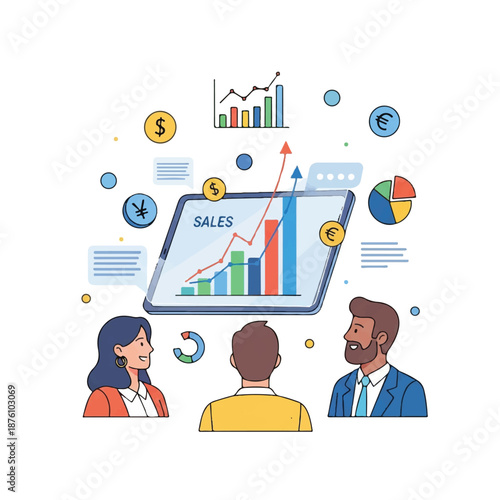 Illustration of three business professionals analyzing sales data on a tablet with graphs and charts floating around them on a clean white background.