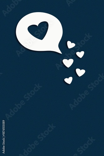 White heart illustration on dark blue background and romantic chat bubble create a decorative Valentine vector design for wedding invitation or holiday greeting card symbol.