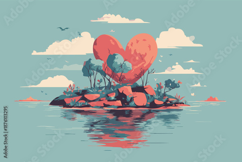 Valentines Love Island Illustration Symbolizing Romantic Escape Emotional Bond Private Relationship Fantasy