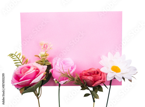 beautiful flower with a blank pink card isolated on a white background