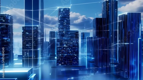 Wallpaper Mural skyscrapers with line connection, tech and business background Torontodigital.ca