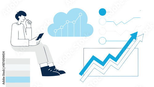 Businessman analyzing data on tablet with cloud computing and growth charts