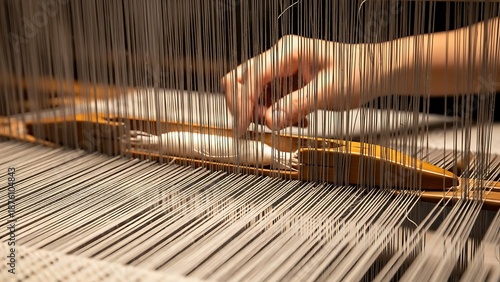 Detailed weaving process on a loom with hands gently manipulating threads