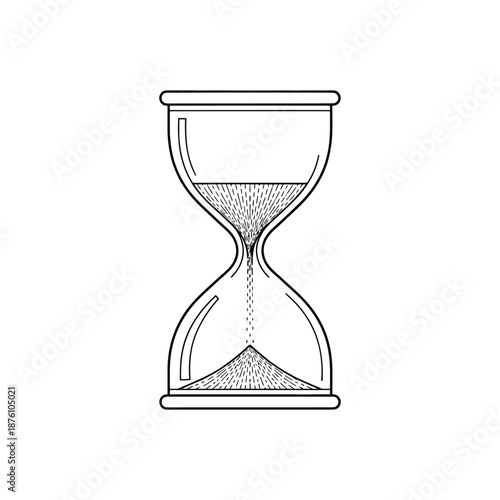 Black and white outline vector illustration of an hourglass with flowing sand, symbolizing time passing, isolated on a white background.