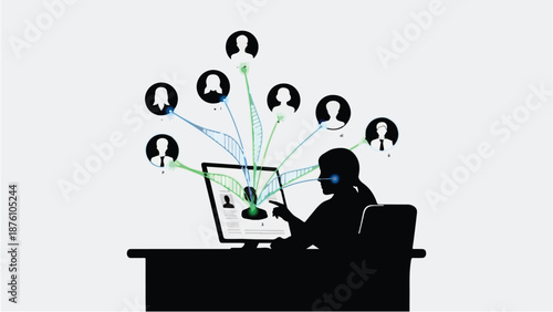 Remote worker connected to global team via video call on laptop