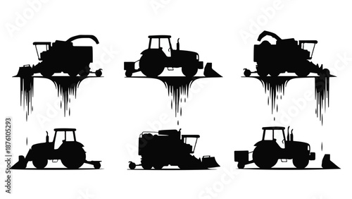 Set of black silhouettes of tractors with dripping paint