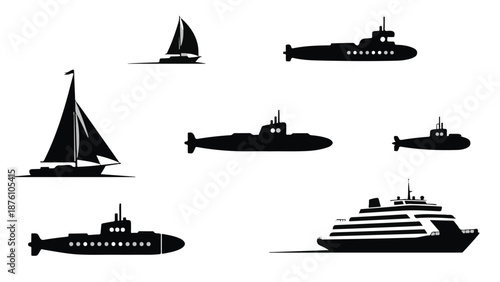 Collection of various naval vessel silhouettes on white background