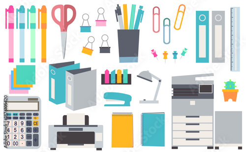 Collection of various colorful office supplies and stationery items, flat vector illustration.