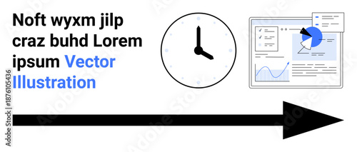 Time management, workflow strategy, business analysis, progress tracking, productivity, task scheduling. A clock, analytics chart and arrow pointing forward. Time management and workflow strategy