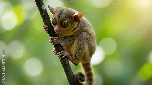 Tiny Tarsier Primate Clinging to a Thin Vine in a Sun-Dappled Tropical Jungle