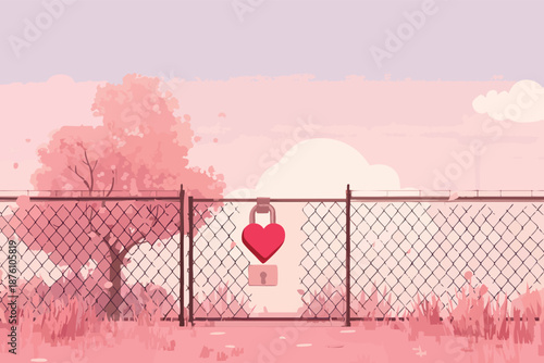 Valentines Love Lock Fence Illustration Representing Commitment Promise Everlasting Romantic Bond