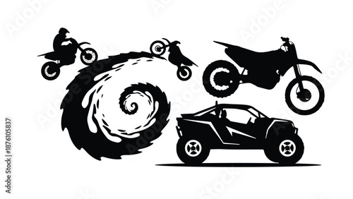 Black silhouettes of motorcycles and dune buggy in action