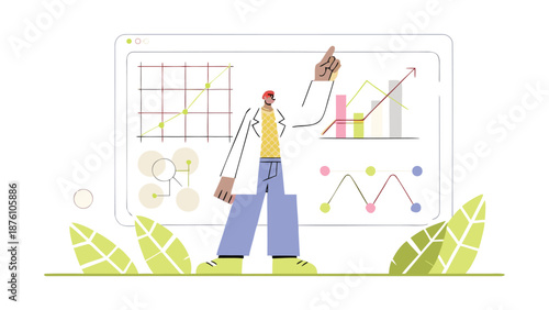 Businessman presenting data on large screen with graphs and charts
