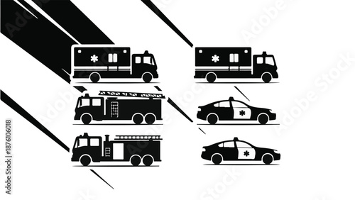 Black and white illustration of emergency vehicles and cars on road