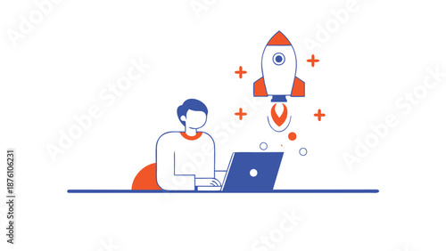 Person launching rocket from laptop in modern workspace